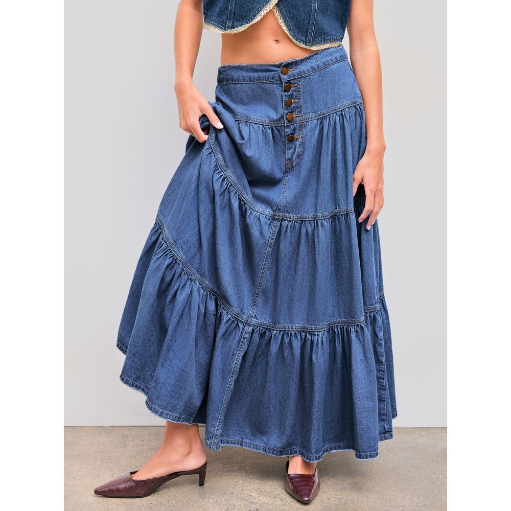 Cider Tiered Maxi Skirt Women XL Blue High Waist Boho Cottagecore Peasant